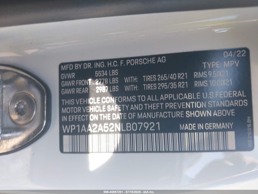 2022 Porsche Macan VIN: WP1AA2A52NLB07921 Lot: 45597201