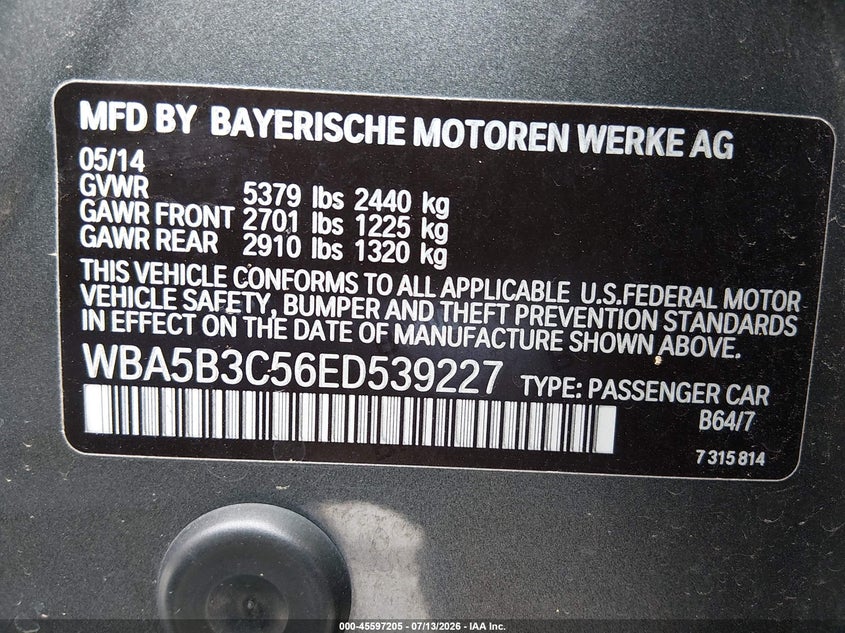 BMW 535I 2014 VIN WBA5B3C56ED539227