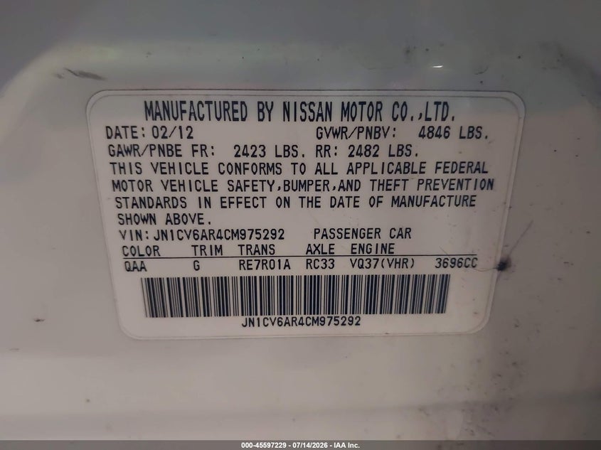 2012 Infiniti G37X VIN: JN1CV6AR4CM975292 Lot: 45597229