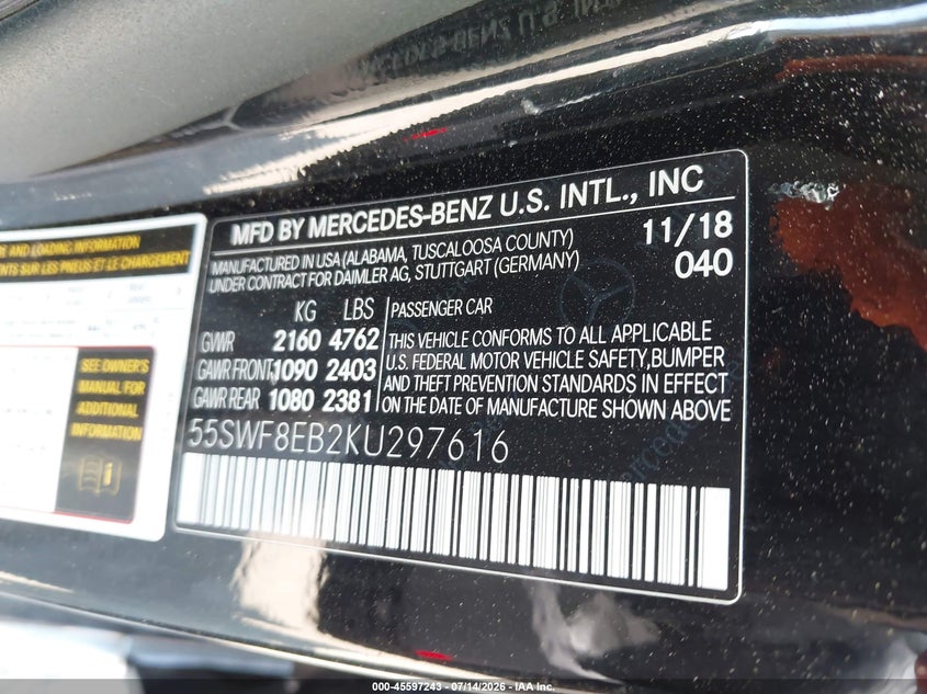 MERCEDES-BENZ C 300 2019 VIN 55SWF8EB2KU297616