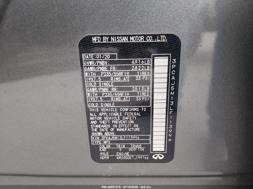 2020 Infiniti Qx50 Luxe VIN: 3PCAJ5M13LF113996 Lot: 45597279