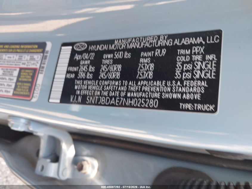 2022 Hyundai Santa Cruz Sel VIN: 5NTJBDAE7NH025280 Lot: 45597292