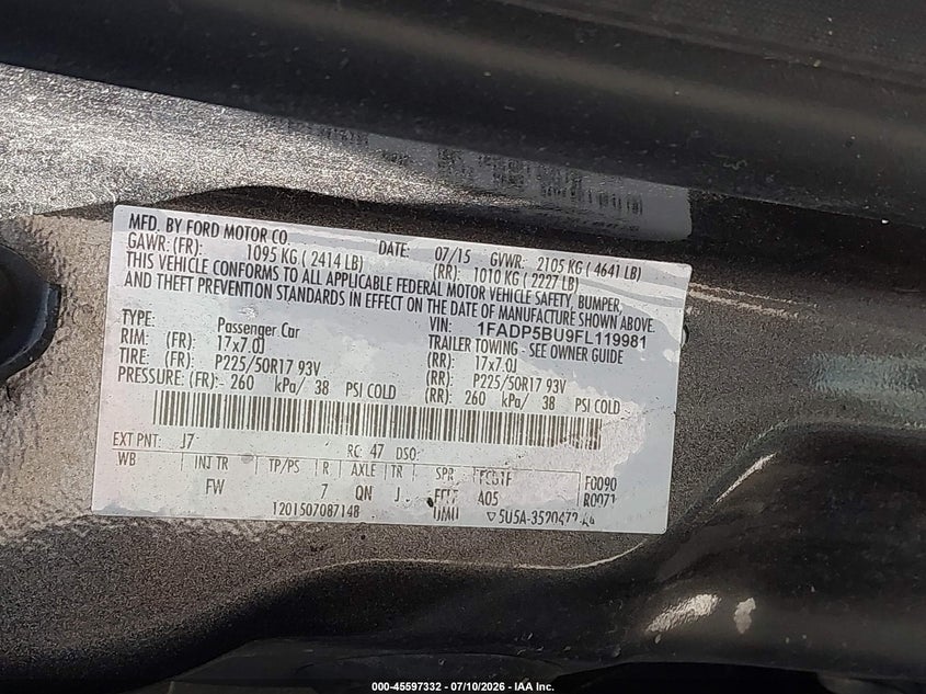 2015 Ford C-Max Hybrid Sel VIN: 1FADP5BU9FL119981 Lot: 45597332