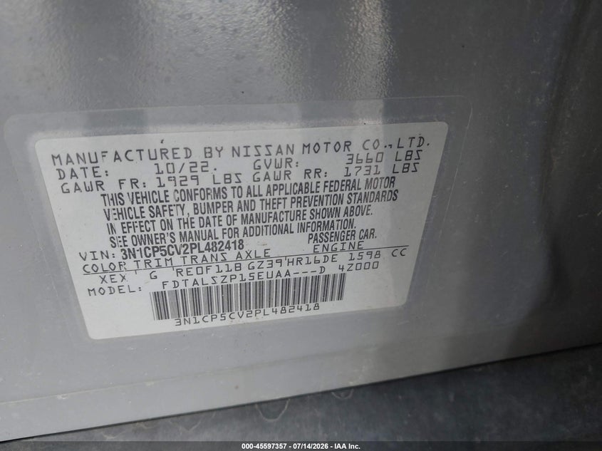 2023 Nissan Kicks Sv Xtronic Cvt VIN: 3N1CP5CV2PL482418 Lot: 45597357