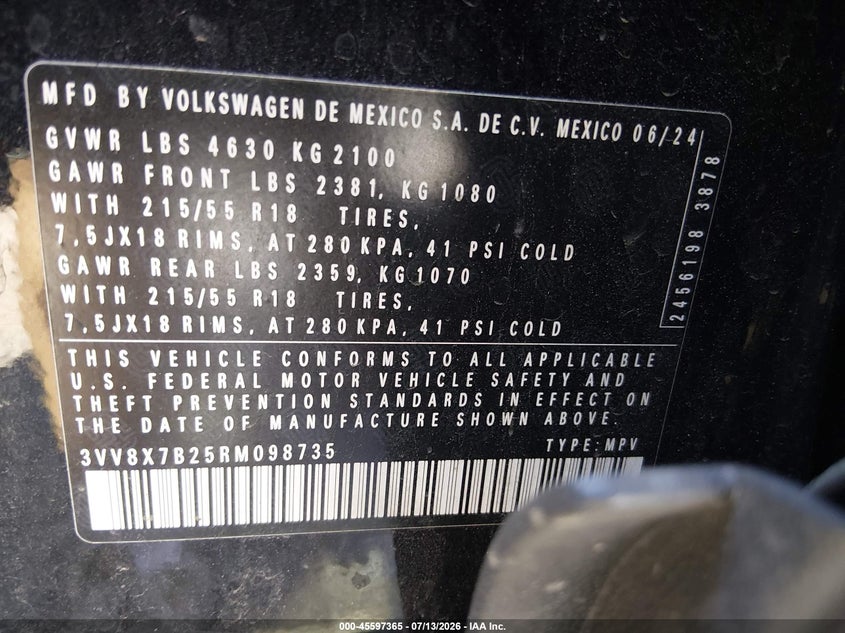 2024 Volkswagen Taos 1.5T S VIN: 3VV8X7B25RM098735 Lot: 45597365