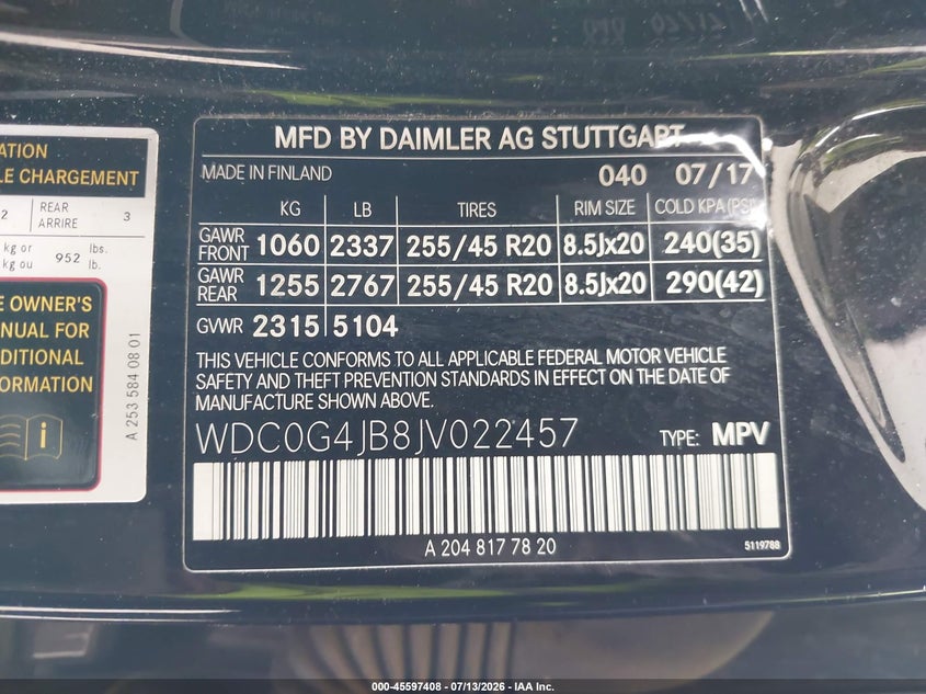 2018 Mercedes-Benz Glc 300 VIN: WDC0G4JB8JV022457 Lot: 45597408