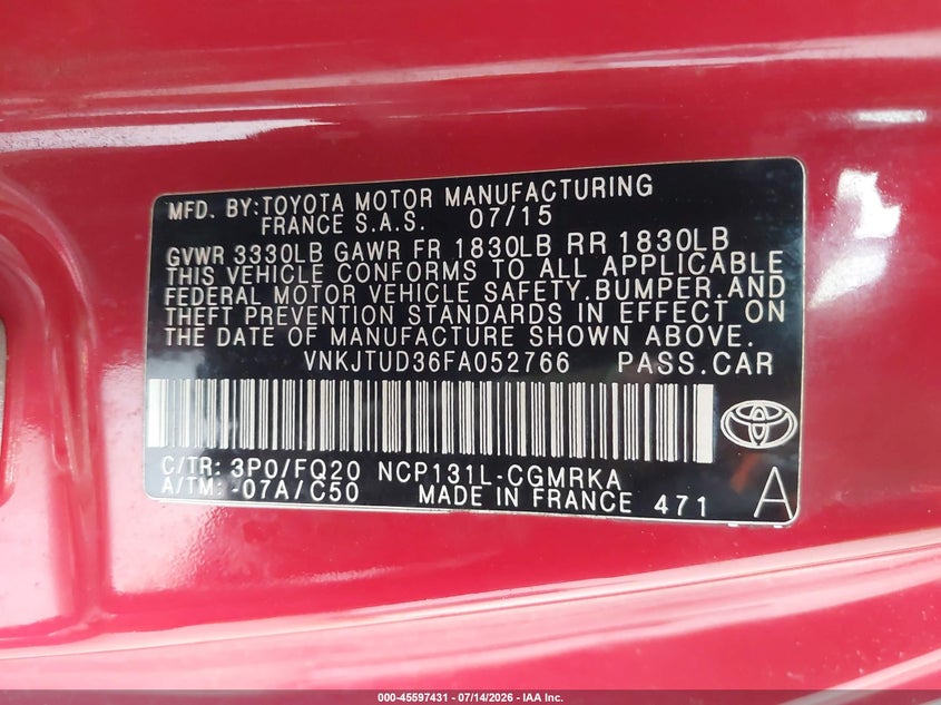 2015 Toyota Yaris L VIN: VNKJTUD36FA052766 Lot: 45597431