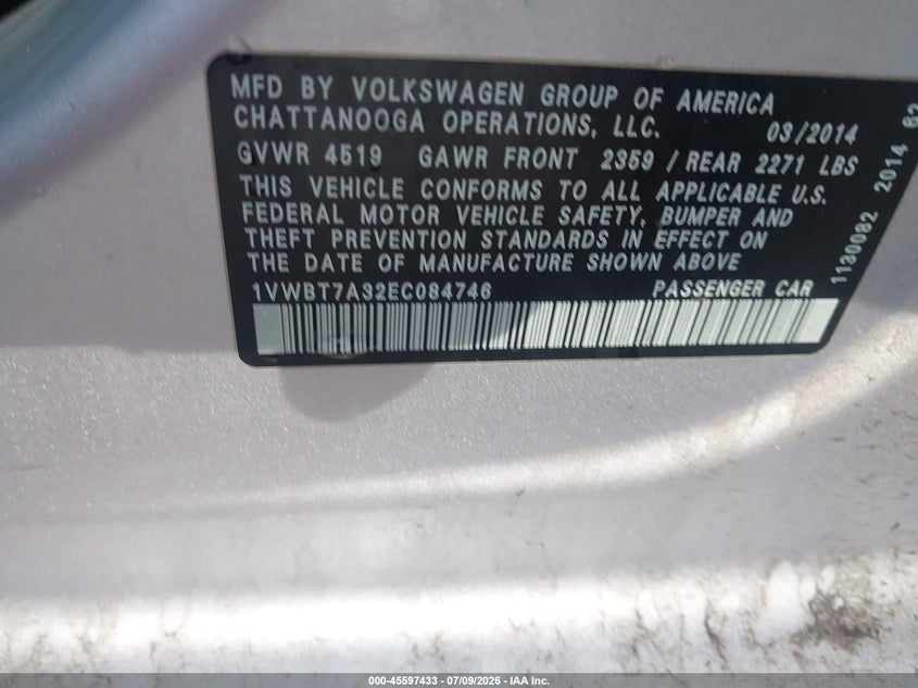 2014 Volkswagen Passat 1.8T Se VIN: 1VWBT7A32EC084746 Lot: 45597433