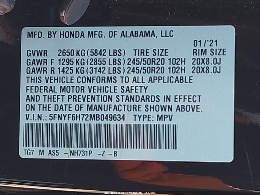 2021 Honda Pilot Awd Black Edition VIN: 5FNYF6H72MB049634 Lot: 45597453