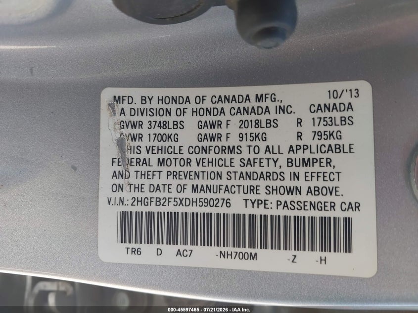 2013 Honda Civic Lx VIN: 2HGFB2F5XDH590276 Lot: 45597465
