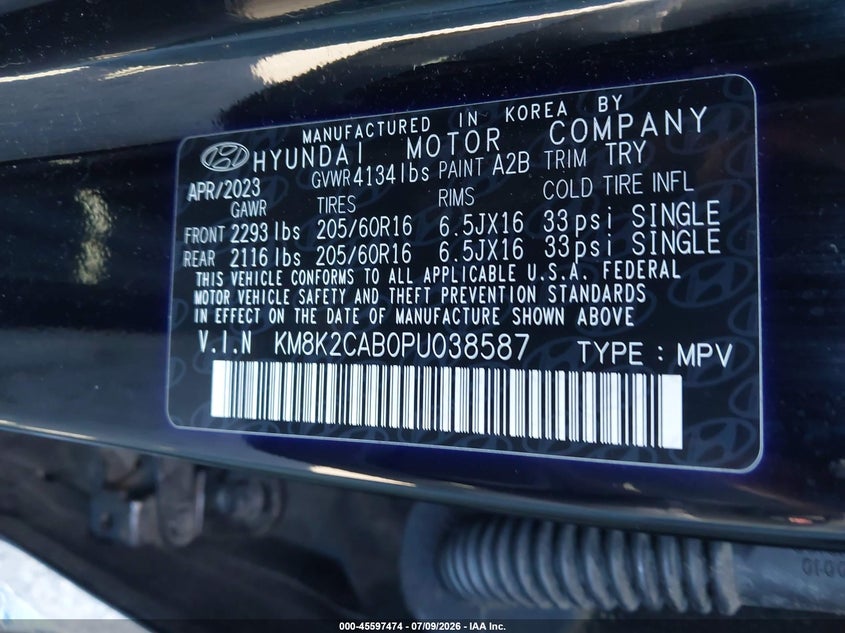 2023 Hyundai Kona Se VIN: KM8K2CAB0PU038587 Lot: 45597474