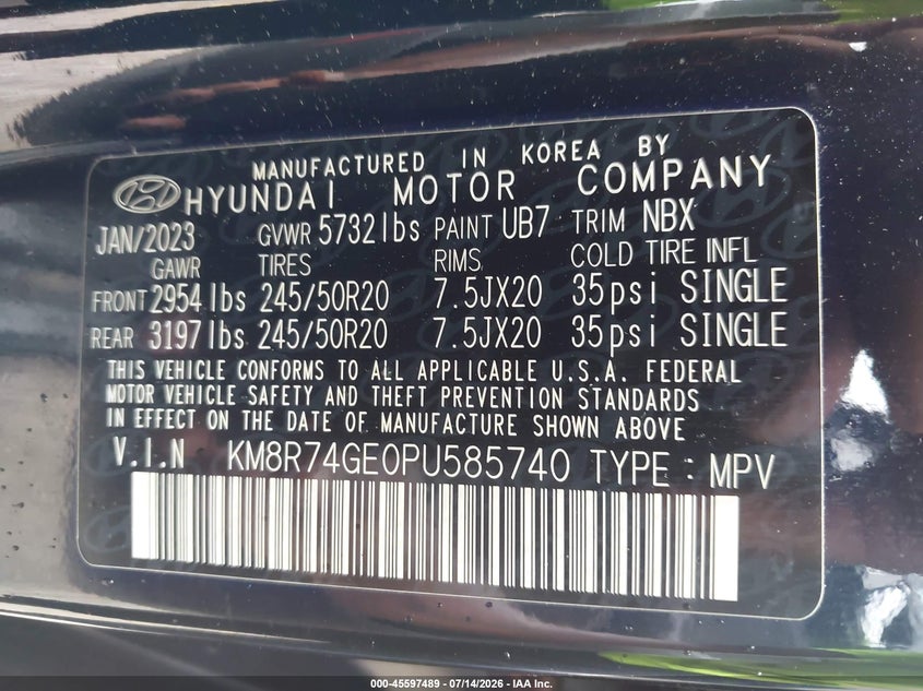 2023 Hyundai Palisade Calligraphy VIN: KM8R74GE0PU585740 Lot: 45597489