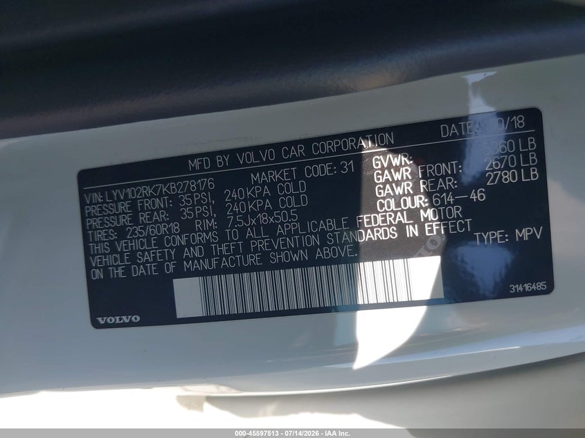2019 Volvo Xc60 T5 Momentum VIN: LYV102RK7KB278176 Lot: 45597513