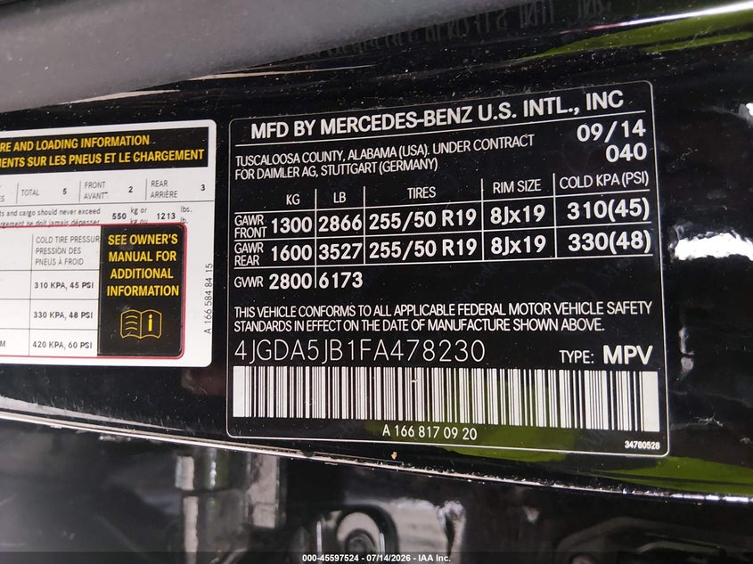2015 Mercedes-Benz Ml 350 VIN: 4JGDA5JB1FA478230 Lot: 45597524