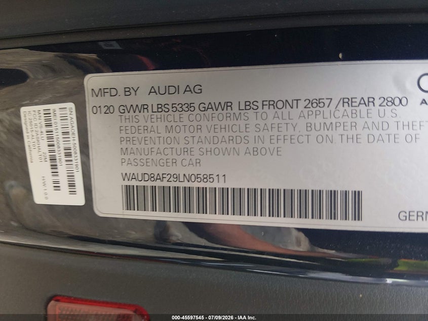 2020 Audi A6 Premium 45 Tfsi Quattro S Tronic VIN: WAUD8AF29LN058511 Lot: 45597545