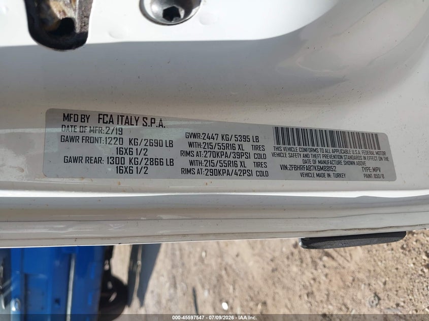 2019 Ram Promaster City Tradesman VIN: ZFBHRFAB7K6M88152 Lot: 45597547