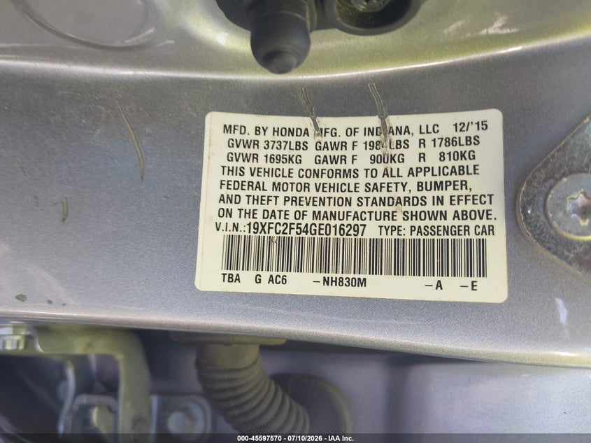 2016 HONDA CIVIC SEDAN 2.0L I-4 DOHC, VVT, 158HP