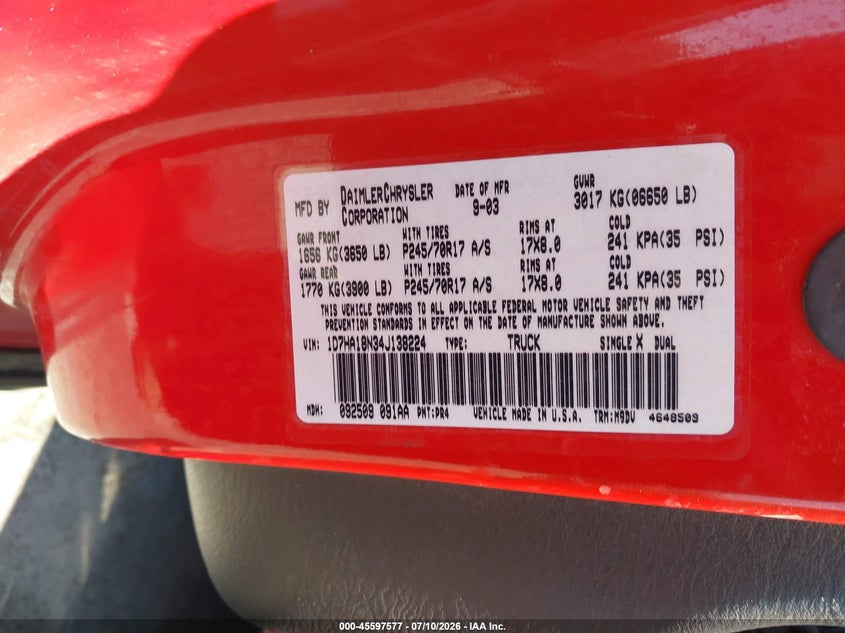 DODGE RAM 1500 2004 VIN 1D7HA18N34J138224