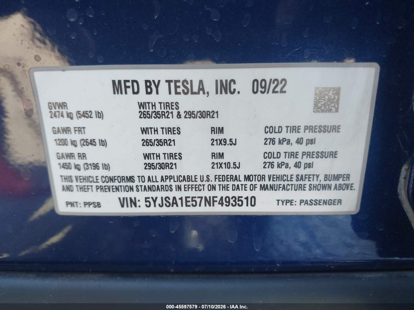 2022 Tesla Model S Dual Motor All-Wheel Drive VIN: 5YJSA1E57NF493510 Lot: 45597579