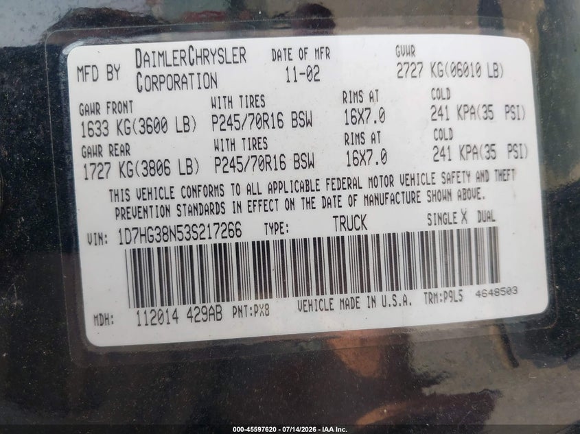 2003 Dodge Dakota Sport/Sxt VIN: 1D7HG38N53S217266 Lot: 45597620