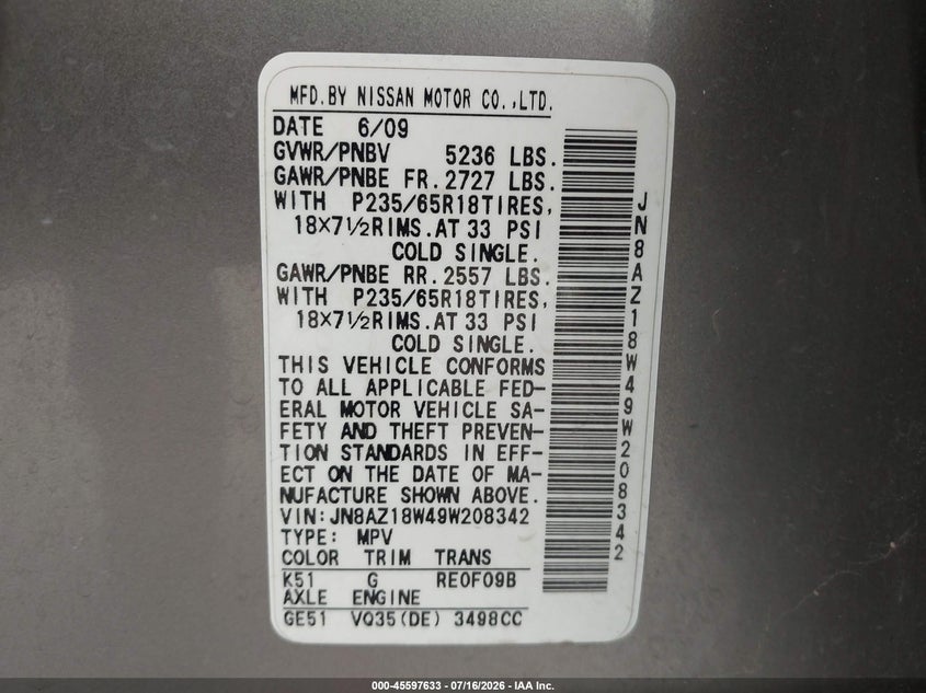 2009 Nissan Murano Sl VIN: JN8AZ18W49W208342 Lot: 45597633