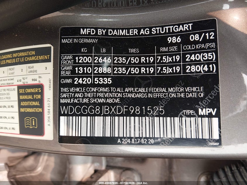 2013 Mercedes-Benz Glk 350 4Matic VIN: WDCGG8JBXDF981525 Lot: 45597655
