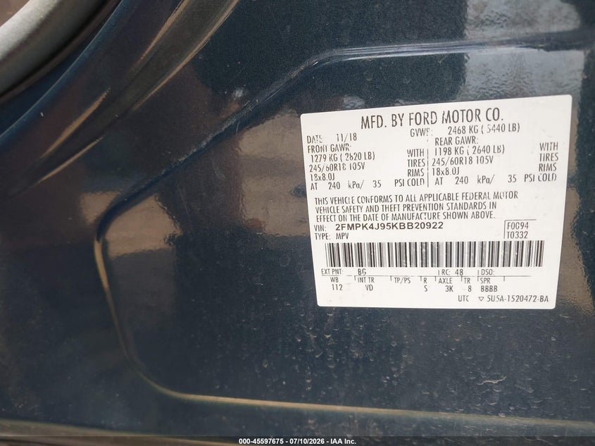 VIN 2FMPK4J95KBB20922 2019 FORD EDGE SEL