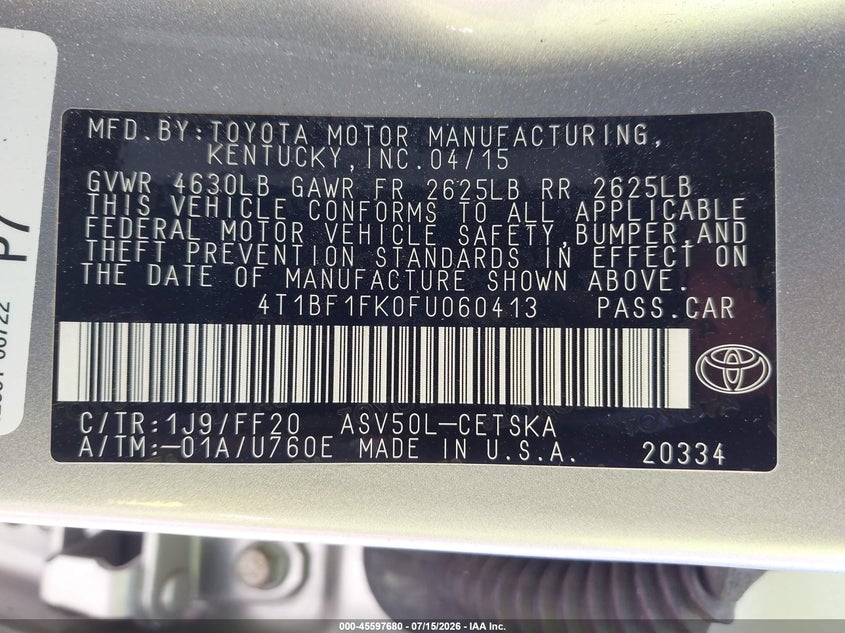 2015 Toyota Camry Se VIN: 4T1BF1FK0FU060413 Lot: 45597680