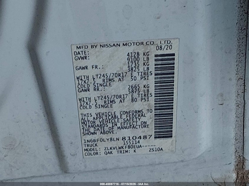 2020 Nissan Nv Cargo Nv2500 Hd S High Roof V6 VIN: 1N6BF0LY8LN810487 Lot: 45597716