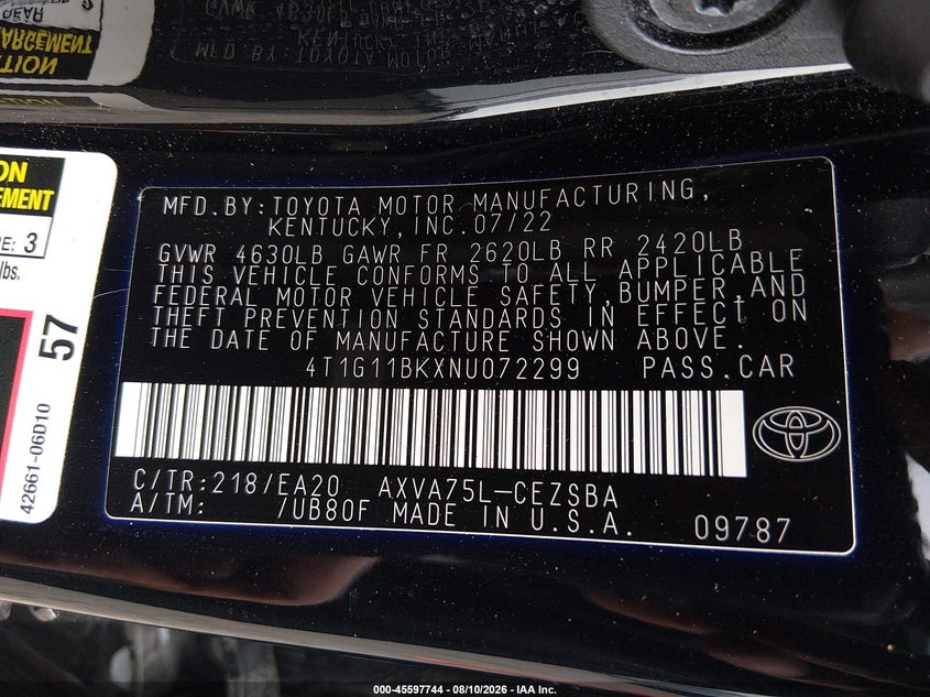 TOYOTA CAMRY 2022 VIN 4T1G11BKXNU072299
