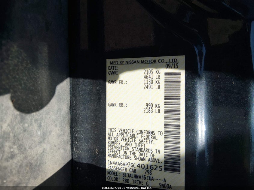 2016 NISSAN MAXIMA SEDAN 3.5L V-6 DOHC, VVT, 300HP