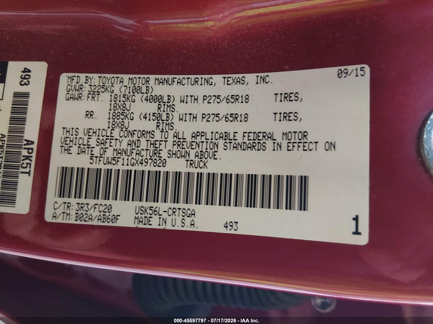 2016 Toyota Tundra Sr5 5.7L V8 VIN: 5TFUW5F11GX497820 Lot: 45597797