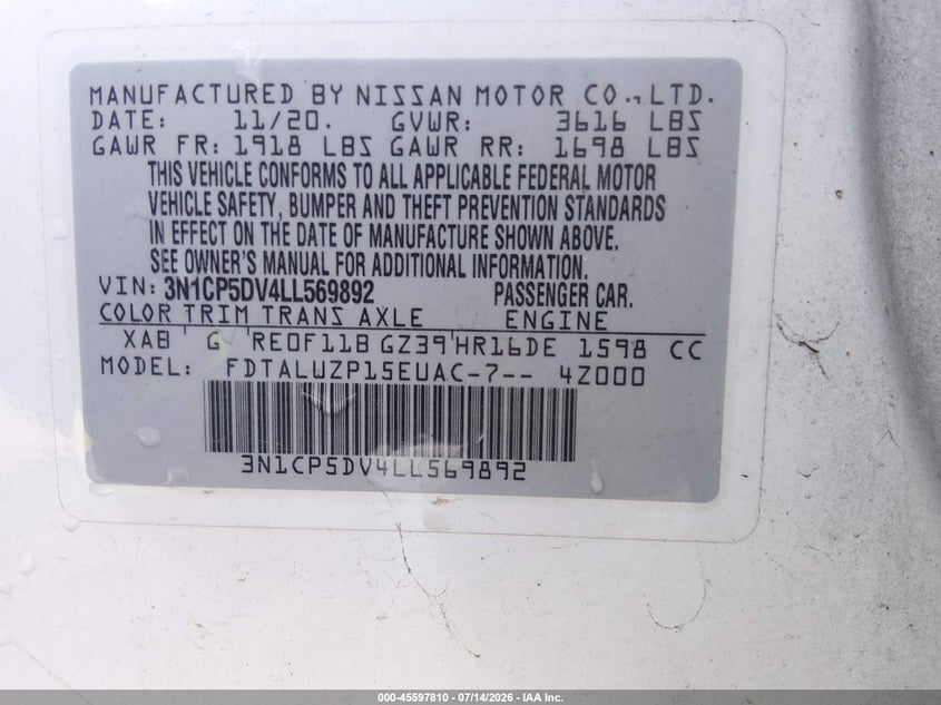 2020 Nissan Kicks Sr Xtronic Cvt VIN: 3N1CP5DV4LL569892 Lot: 45597810