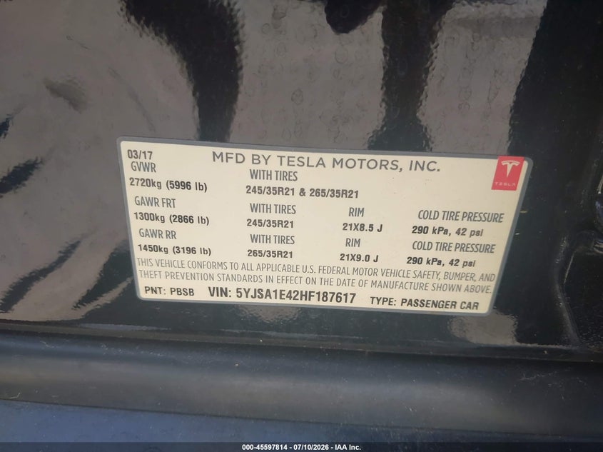 2017 Tesla Model S 100D/60D/75D/90D/P100D VIN: 5YJSA1E42HF187617 Lot: 45597814