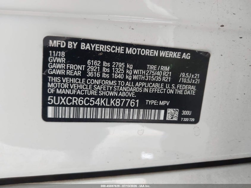 2019 BMW X5 xDrive40I VIN: 5UXCR6C54KLK87761 Lot: 45597829
