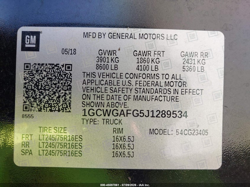 2018 Chevrolet Express 2500 Work Van VIN: 1GCWGAFG5J1289534 Lot: 45597861
