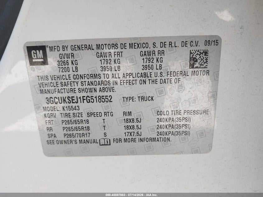 2015 Chevrolet Silverado 1500 Ltz VIN: 3GCUKSEJ1FG518552 Lot: 45597883