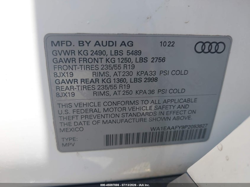 2023 Audi Q5 Premium Plus 45 Tfsi S Line Quattro VIN: WA1EAAFY9P2053827 Lot: 45597886