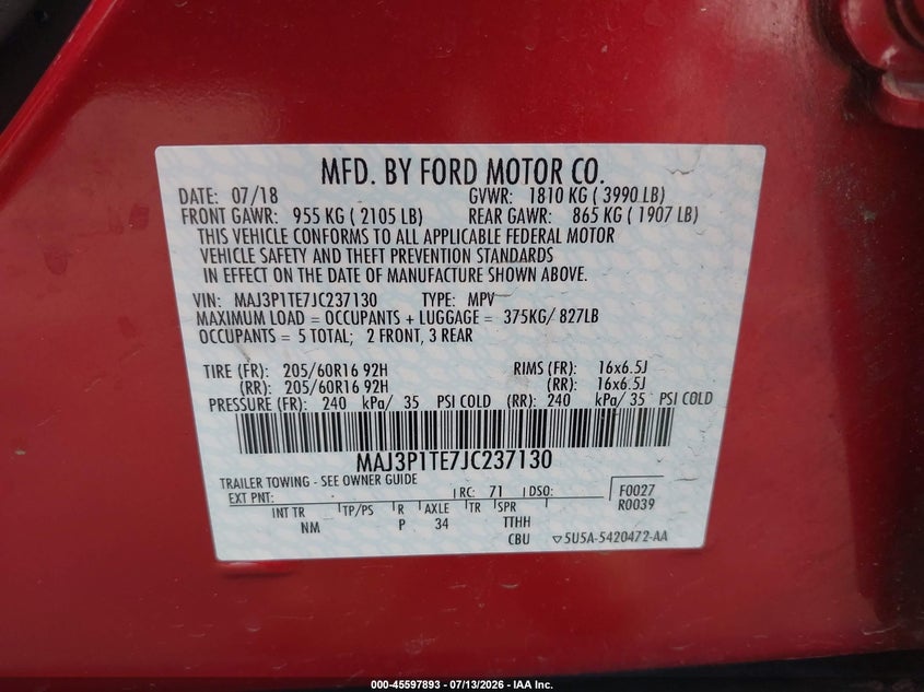 2018 Ford Ecosport Se VIN: MAJ3P1TE7JC237130 Lot: 45597893