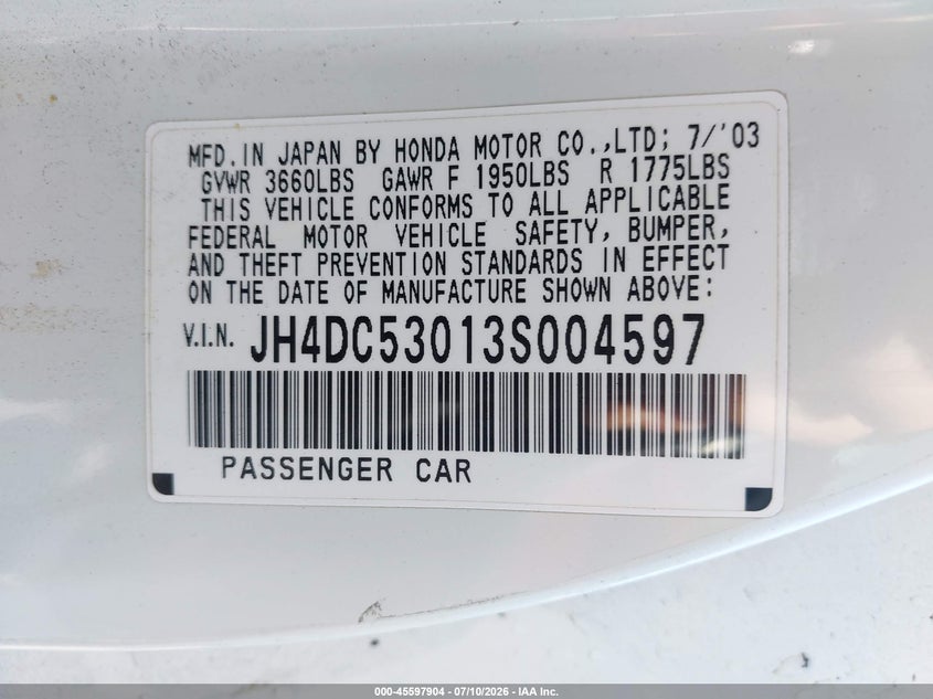 2003 Acura Rsx Type S VIN: JH4DC53013S004597 Lot: 45597904