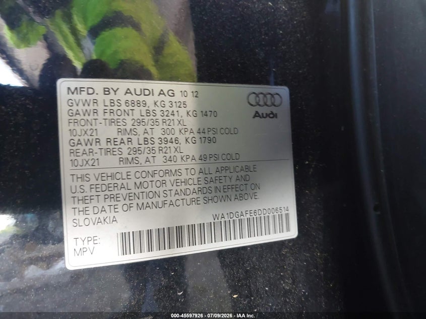 2013 Audi Q7 3.0T S Line Prestige VIN: WA1DGAFE6DD006514 Lot: 45597926