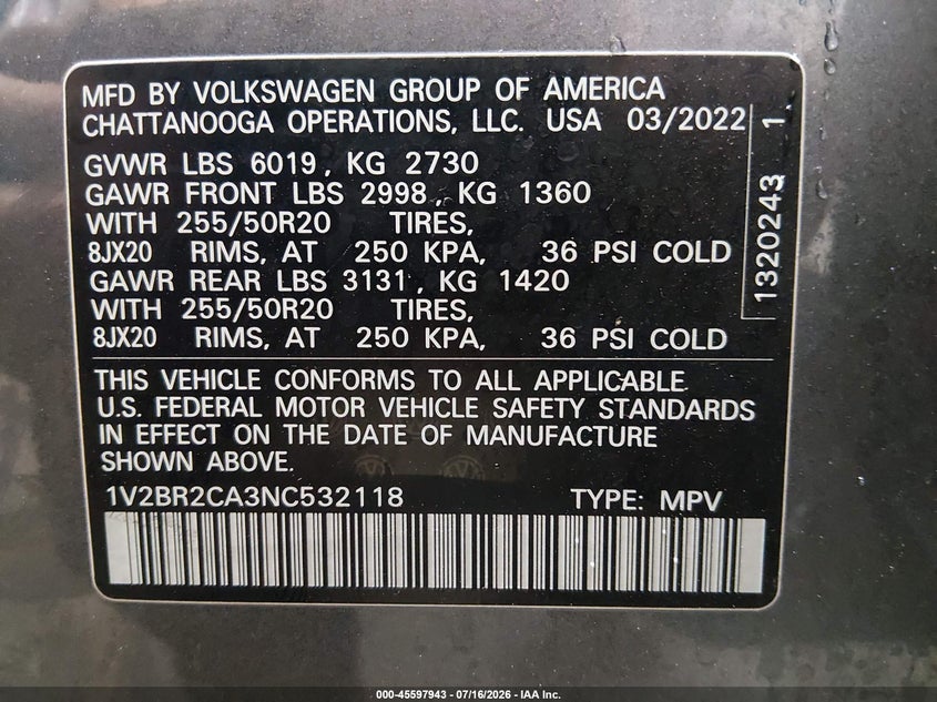 2022 Volkswagen Atlas 3.6L V6 Sel VIN: 1V2BR2CA3NC532118 Lot: 45597943