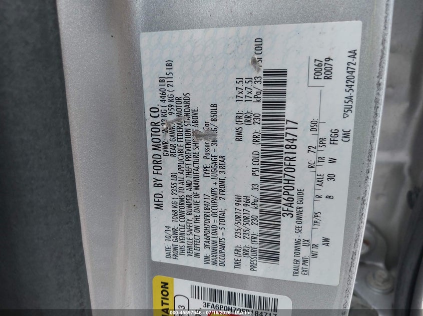 2015 FORD FUSION SEDAN 2.5L I-4 DOHC, VVT, 175HP