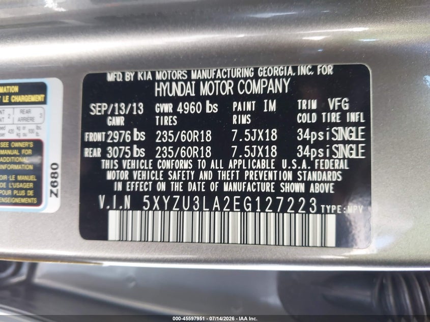 2014 Hyundai Santa Fe Sport 2.0L Turbo VIN: 5XYZU3LA2EG127223 Lot: 45597951