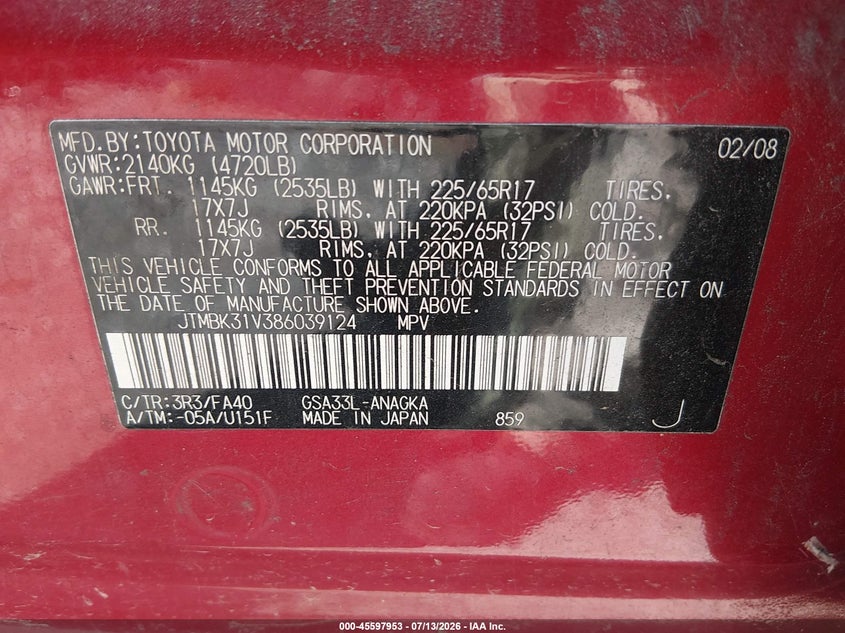 2008 Toyota Rav4 Ltd VIN: JTMBK31V386039124 Lot: 45597953