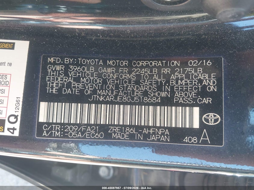 2016 Scion Im VIN: JTNKARJE8GJ518684 Lot: 45597957