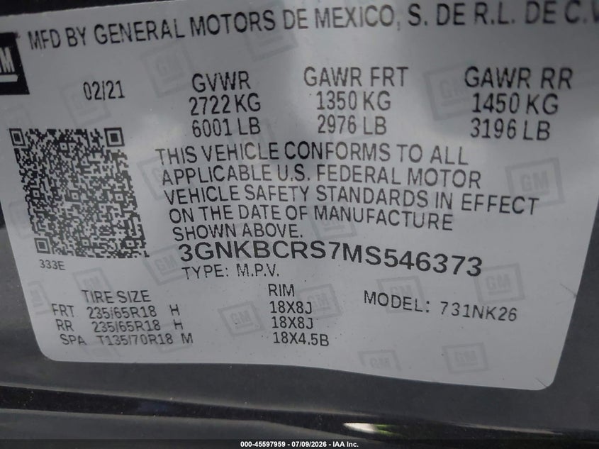 2021 Chevrolet Blazer Fwd 2Lt VIN: 3GNKBCRS7MS546373 Lot: 45597959