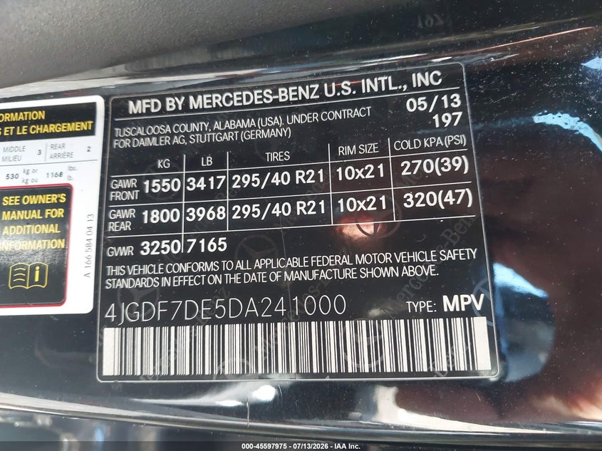2013 Mercedes-Benz Gl 550 4Matic VIN: 4JGDF7DE5DA241000 Lot: 45597975
