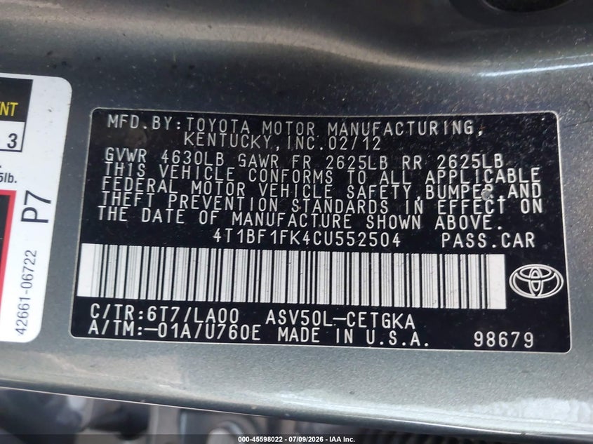 2012 TOYOTA CAMRY SEDAN 2.5L I-4 DOHC, VVT, 173HP