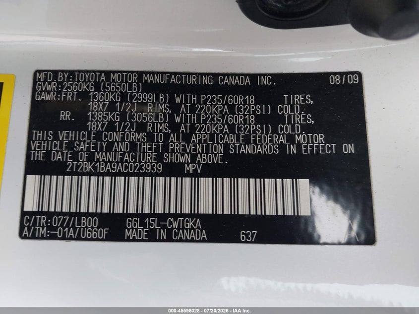 2010 Lexus Rx 350 VIN: 2T2BK1BA9AC023939 Lot: 45598028